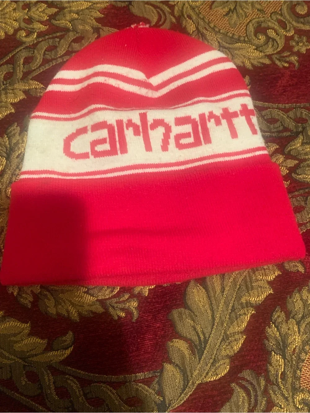 Carhartt Kids Red & White Striped Logo Beanie
